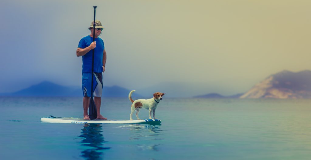 Мужчина плывет со своей любимой собакой