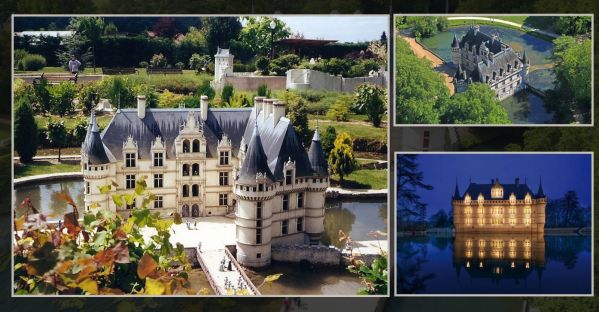 Коллаж изображений замка Азе-Ле-Ридо: фасад и вид сверху